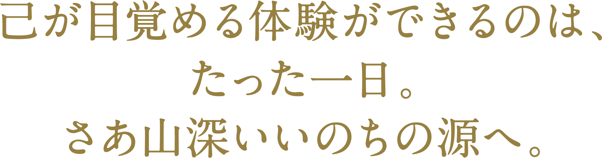 己が目覚める体験ができるのは、たった一日。さあ山深いいのちの源へ。