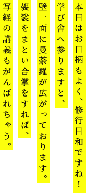 本日はお日柄もよく、修行日和ですね！学び舎へ参りますと、壁一面に曼荼羅が広がっております。袈裟をまとい合掌をすれば、写経の講義もがんばれちゃう。