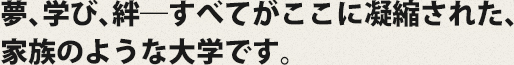 夢、学び、絆―すべてがここに凝縮された、家族のような大学です。